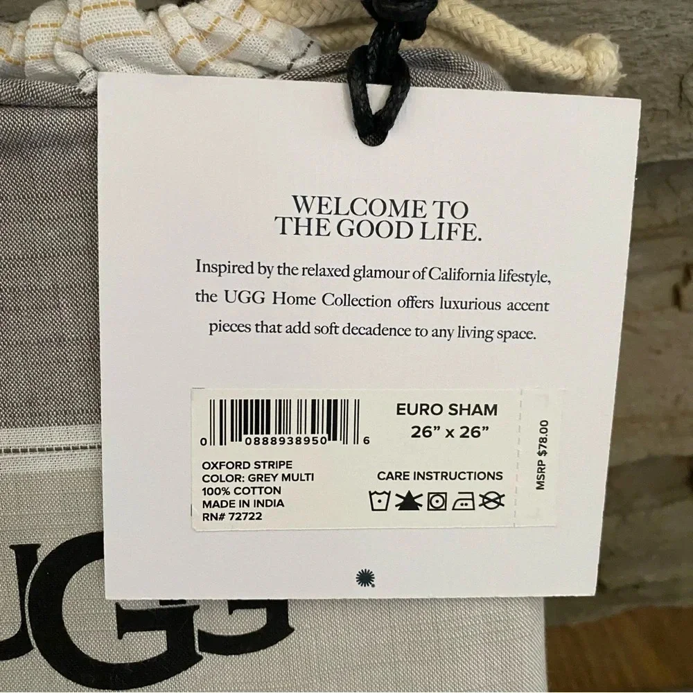 UGG Euro Pillow Sham Oxford Stripe Gray Multi 100% Cotton 26”x26”